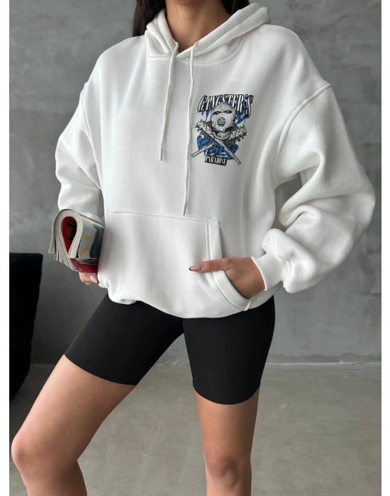 3 iplik şardonlu oversize compact kafa baskılı sweat beyaz