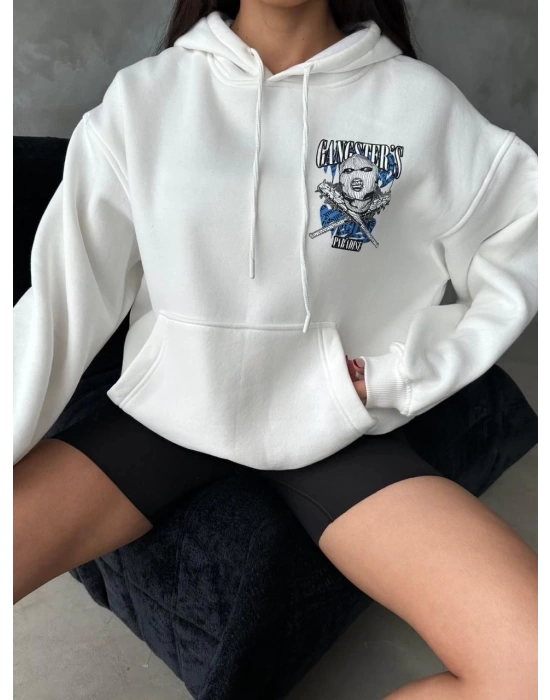 3 iplik şardonlu oversize compact kafa baskılı sweat beyaz