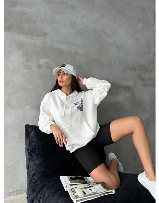 3 iplik şardonlu oversize compact kafa baskılı sweat beyaz