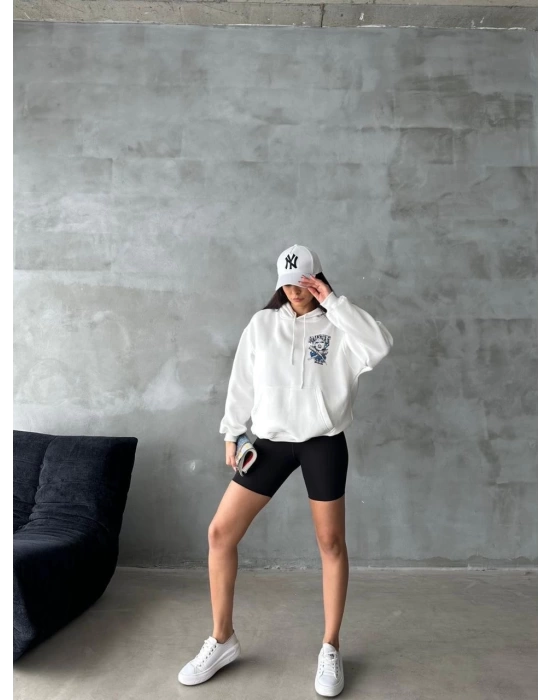 3 iplik şardonlu oversize compact kafa baskılı sweat beyaz