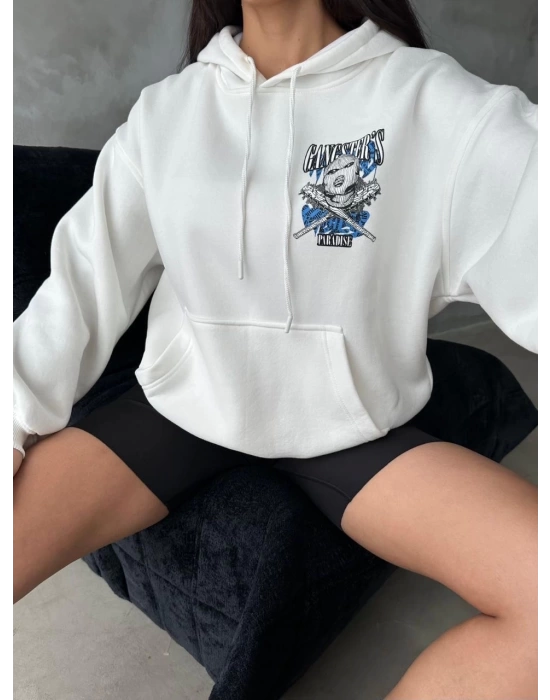 3 iplik şardonlu oversize compact kafa baskılı sweat beyaz