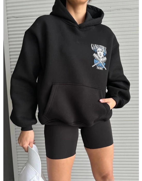 3 iplik şardonlu oversize compact kafa baskılı sweat siyah