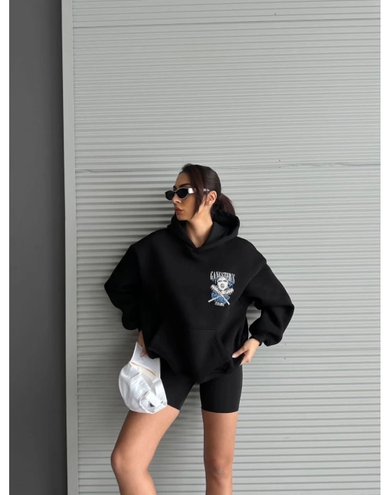 3 iplik şardonlu oversize compact kafa baskılı sweat siyah