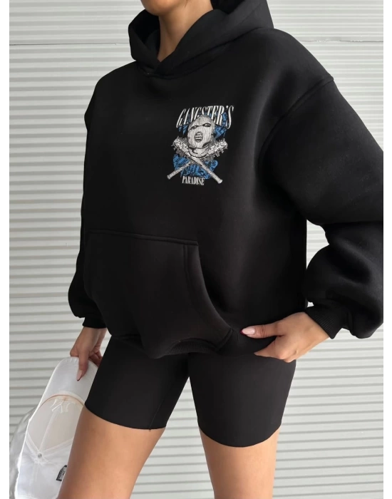 3 iplik şardonlu oversize compact kafa baskılı sweat siyah