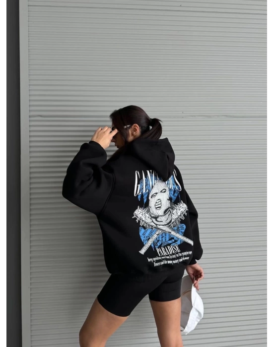 3 iplik şardonlu oversize compact kafa baskılı sweat siyah