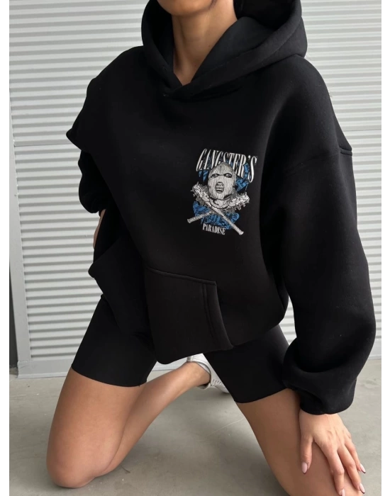 3 iplik şardonlu oversize compact kafa baskılı sweat siyah