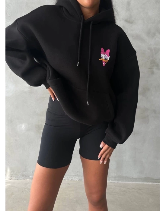 3 iplik şardonlu oversize compact ördek baskılı sweat siyah