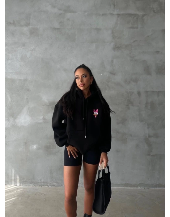 3 iplik şardonlu oversize compact ördek baskılı sweat siyah