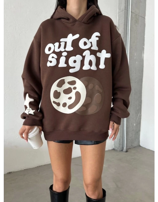 3 iplik şardonlu oversize compact out of baskılı sweat kahve