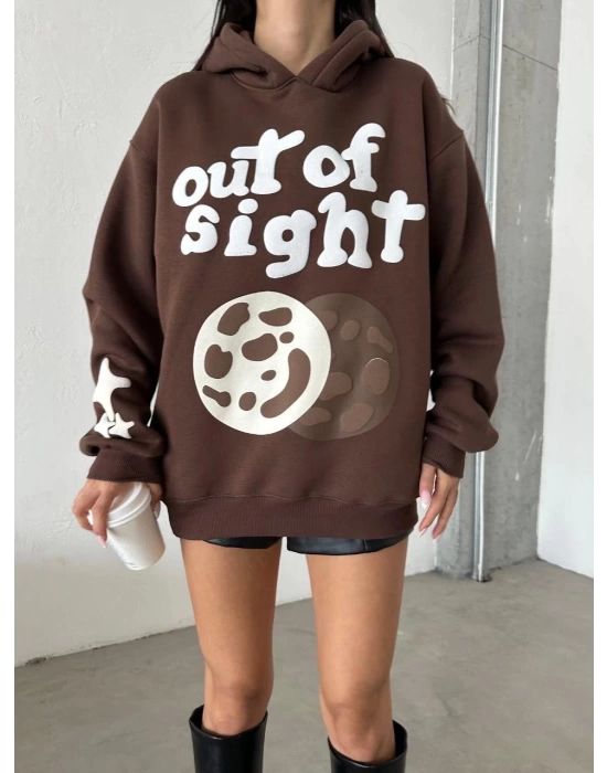 3 iplik şardonlu oversize compact out of baskılı sweat kahve