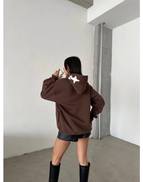 3 iplik şardonlu oversize compact out of baskılı sweat kahve