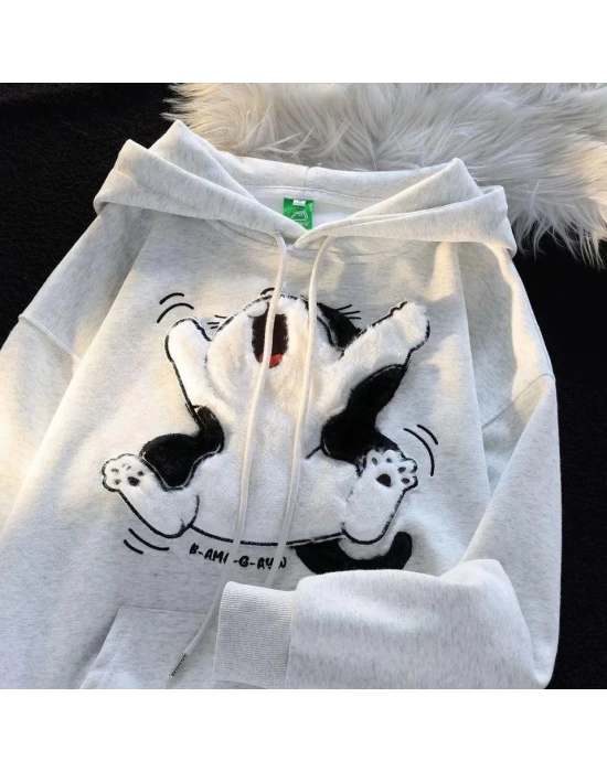 3 iplik şardonlu oversize compact peluş baskılı sweat beyaz