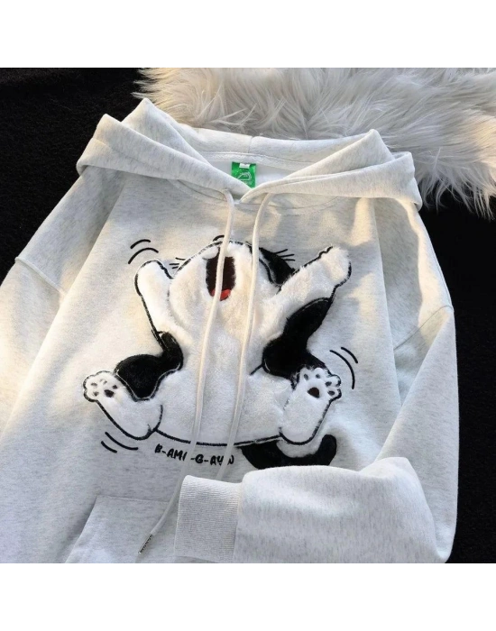3 iplik şardonlu oversize compact peluş baskılı sweat beyaz