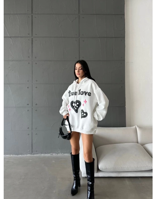3 iplik şardonlu oversize compact true baskılı sweat Beyaz