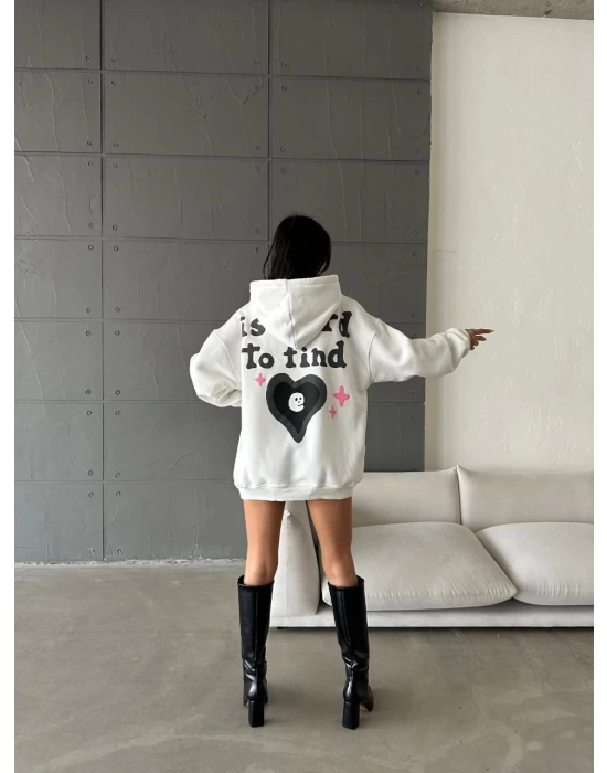3 iplik şardonlu oversize compact true baskılı sweat Beyaz