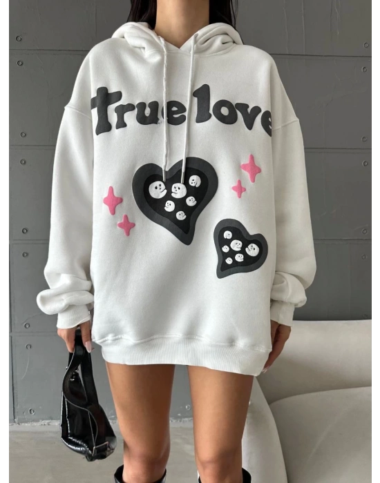 3 iplik şardonlu oversize compact true baskılı sweat Beyaz