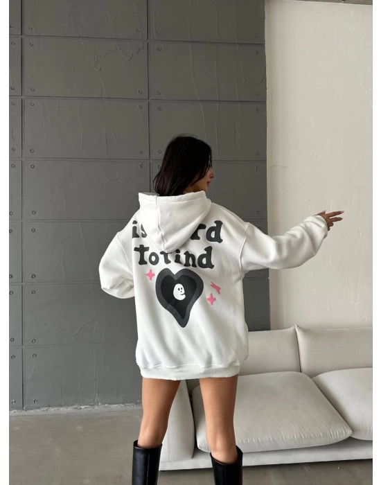 3 iplik şardonlu oversize compact true baskılı sweat Beyaz