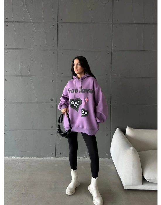 3 iplik şardonlu oversize compact true baskılı sweat mor