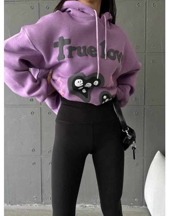 3 iplik şardonlu oversize compact true baskılı sweat mor