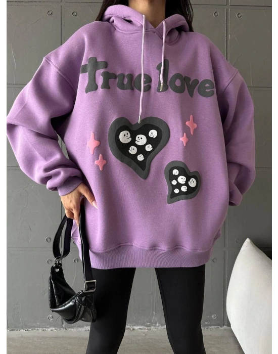 3 iplik şardonlu oversize compact true baskılı sweat mor