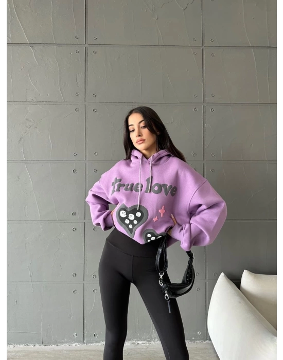 3 iplik şardonlu oversize compact true baskılı sweat mor
