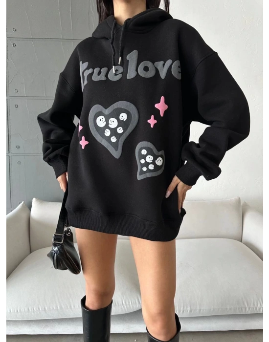 3 iplik şardonlu oversize compact true baskılı sweat siyah