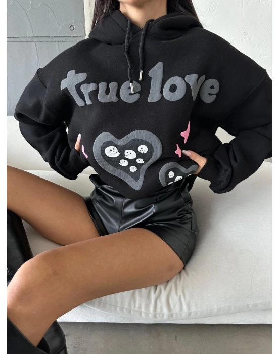 3 iplik şardonlu oversize compact true baskılı sweat siyah