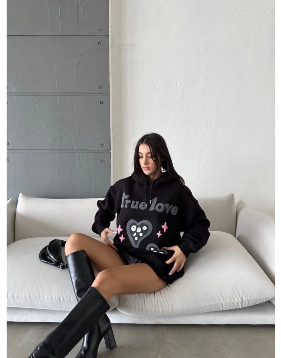 3 iplik şardonlu oversize compact true baskılı sweat siyah