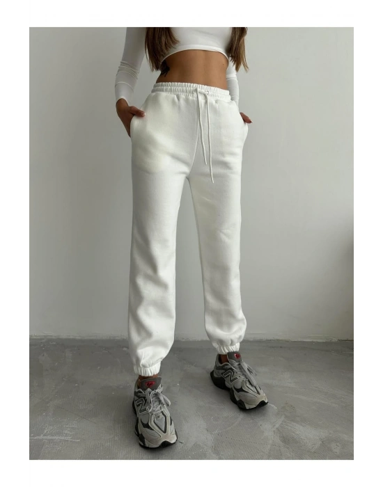 3 iplik şardonlu paça lastikli eşofman beyaz is001