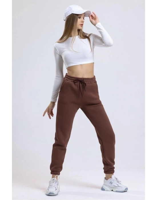 3 iplik şardonlu paça lastikli eşofman kahve is001