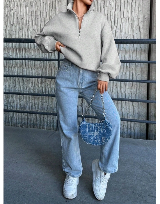 3 iplik Şardonlu yarım fermuarlı sweatshirt gri