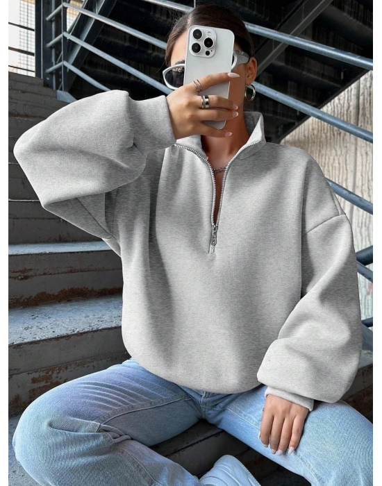 3 iplik Şardonlu yarım fermuarlı sweatshirt gri