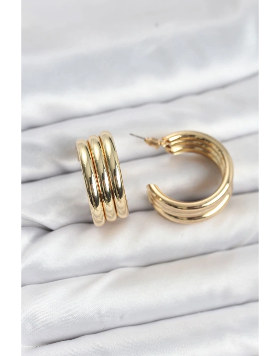3lü Görünüm 316L Çelik Gold Renk Kadın Küpe