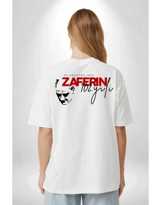 30 Ağustos Zafer Bayramı Atatürk Temalı Oversize Bisiklet Yaka T-shirt - Beyaz