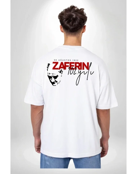30 Ağustos Zafer Bayramı Ön Arka Baskılı Oversize Bisiklet Yaka T-shirt - Beyaz