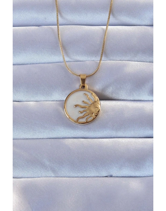 316L Altın Renk Mineli Parlayan Güneş Kolye