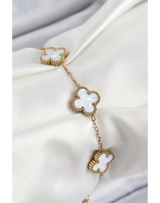 316L Çelik Beyaz Sedef Yonca Model Gold Renk Kadın Bileklik