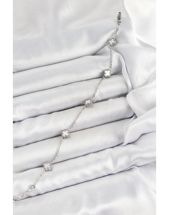 316L Çelik Beyaz Sedef Yonca Model Gümüş Renk Kadın Bileklik