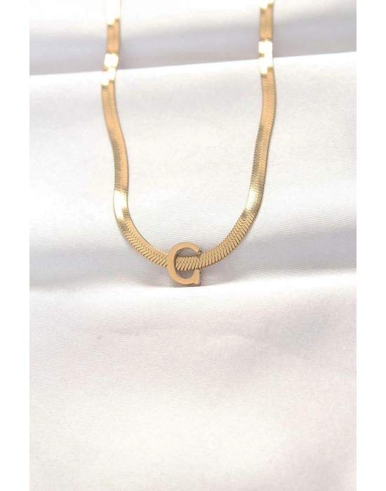 316L Çelik C Harfli Gold Renk İtalyan Zincirli Kolye