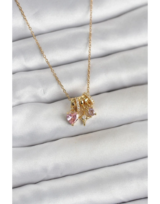 316L Çelik Gold Pembe Zirkon Taşlı Charmlı Kadın Kolye