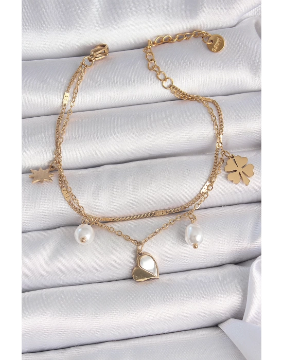 316L Çelik Gold Renk 2li Zincir Model Sallantı Kalp Figür Yonca Detay Kadın Bileklik