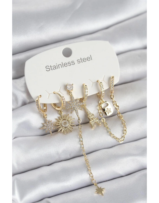 316L Çelik Gold Renk 6lı Set Charmlı Kadın Küpe