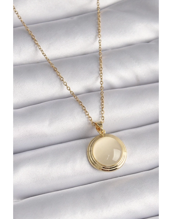 316L Çelik Gold Renk Beyaz Sedefli Daire Model Kadın Kolye