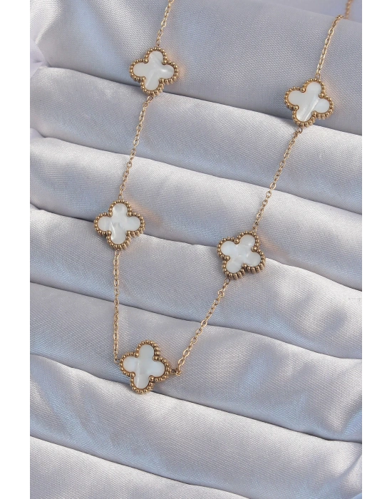 316L Çelik Gold Renk Beyaz Sedefli Yonca Kolye