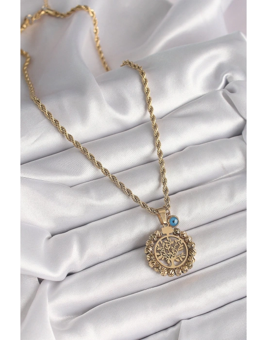 316L Çelik Gold Renk Burgu Zincir Dorika Yaşam Ağacı Figür Nazar Boncuk Detay Kadın Kolye
