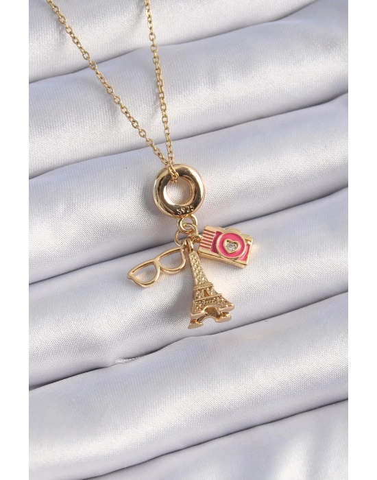 316L Çelik Gold Renk Eyfel Kulesi Fotoğraf Makinesi Figür Charm Model Kadın Kolye