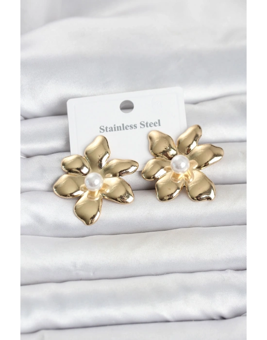 316L Çelik Gold Renk İncili Lotus Model Kadın Küpe