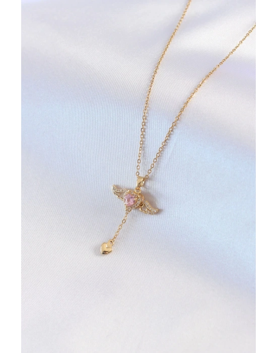 316L Çelik Gold Renk Kanatlı Kalp Model Zirkon Taş Detay Kadın Kolye