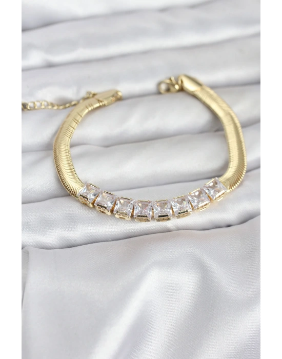 316L Çelik Gold Renk Kare Zirkon Taşlı Yılan Zincirli Kadın Bileklik