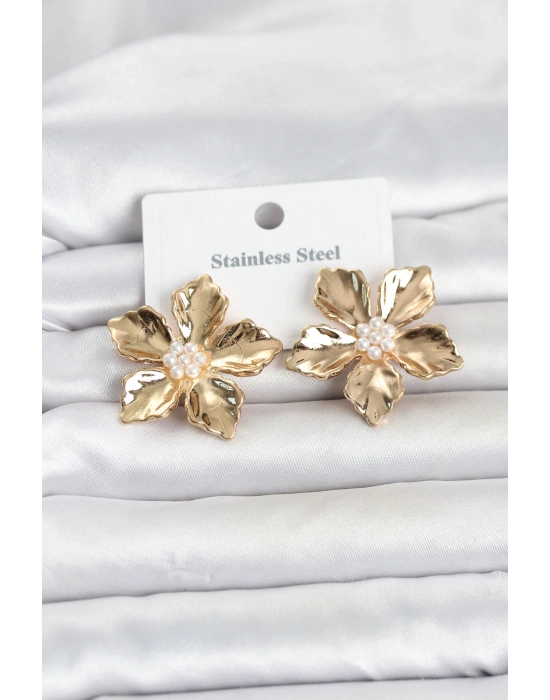316L Çelik Gold Renk Lotus Çiçek Model Kadın Küpe